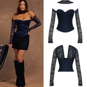 Mistress rocks navy satin lace corset